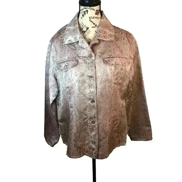 Chicos Size 2 Large Champagne Pink And Silver Paisley Silk Blend Jacket - Picture 1 of 6